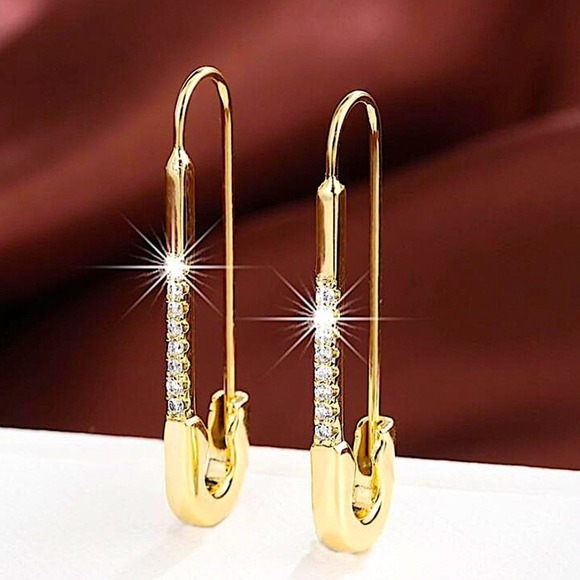 Gold Plated Zircon Safety Pin Earrings, Minimalist, Punk, Gift For Teena… - Picture 2 of 9